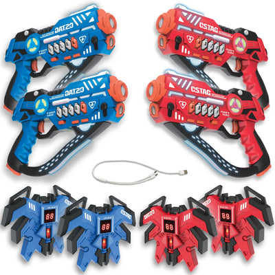 Pulse Lasergame Set — 4 blasters en 4 trilvesten in blauw en rood. Voor tieners, pre-tieners, ouders en volwassenen