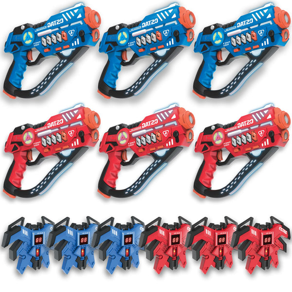 Pulse Lasergame Set 6 Spelers — 6 blasters en 6 trilvesten in blauw en rood compleet uitgepakt