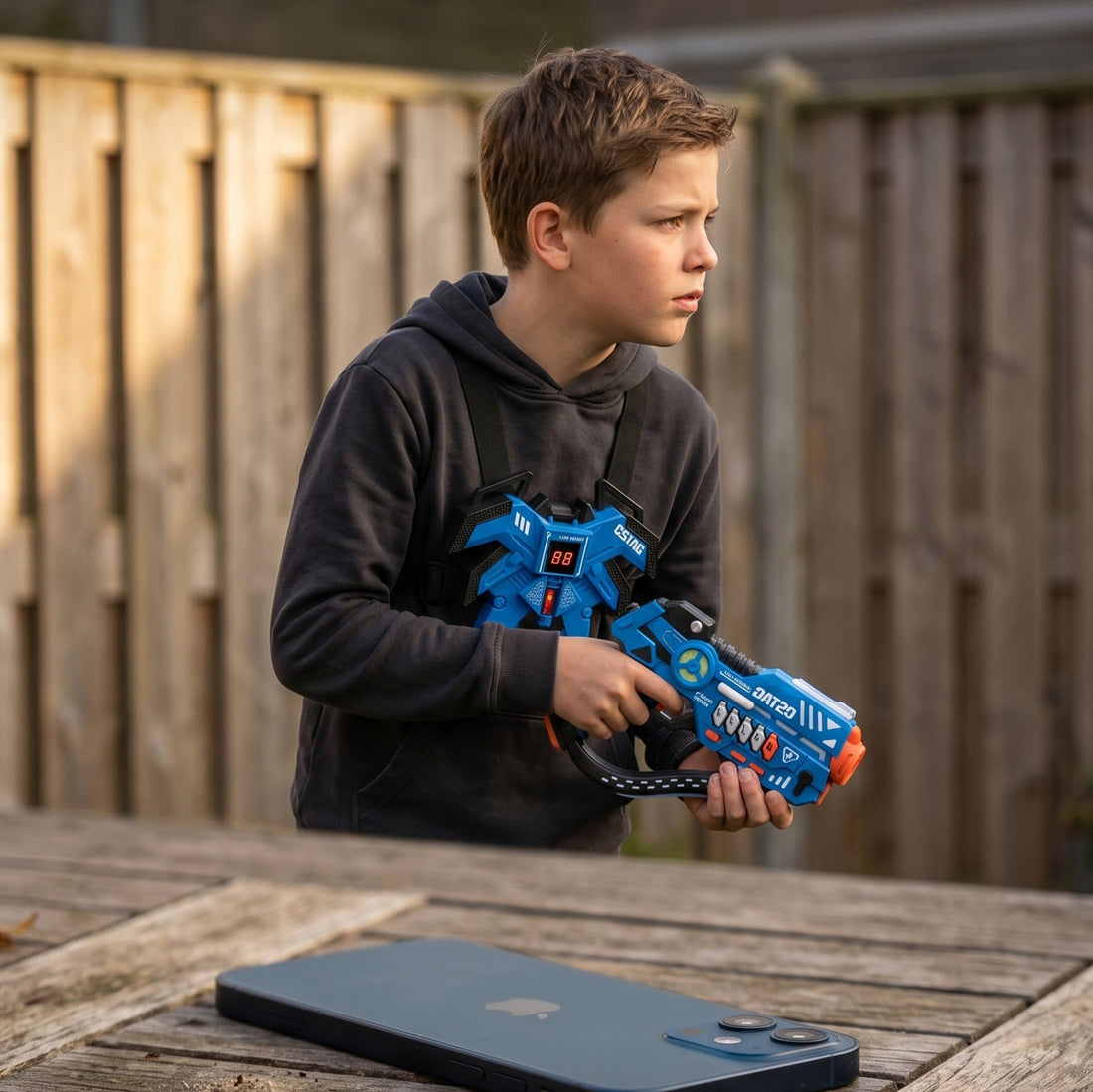 Kind speelt op een zonnige dag buiten in de tuin, sfeerbeeld bij lasergamen thuis in plaats van huren