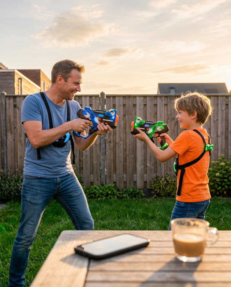Ouder en kind met vest en blaster in de tuin