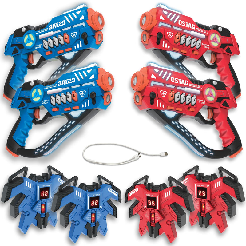 Pulse Lasergame Set  — 4 blasters en 4 trilvesten in blauw en rood. Voor tieners, pre-tieners, ouders en volwassenen