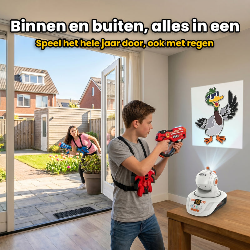 Lasergame Set Projector werkt binnen via muur-projectie en buiten met blasters — alles in één bundel