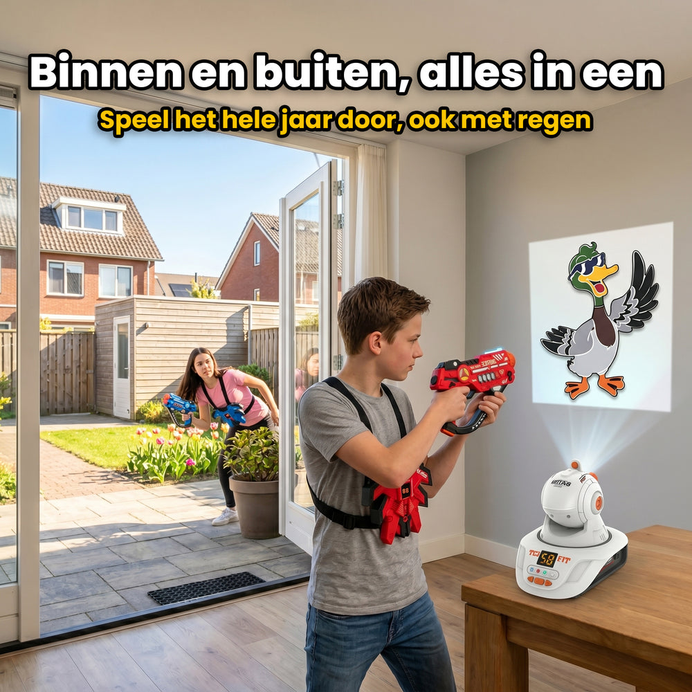 Lasergame Set Projector werkt binnen via muur-projectie en buiten met blasters — alles in één bundel