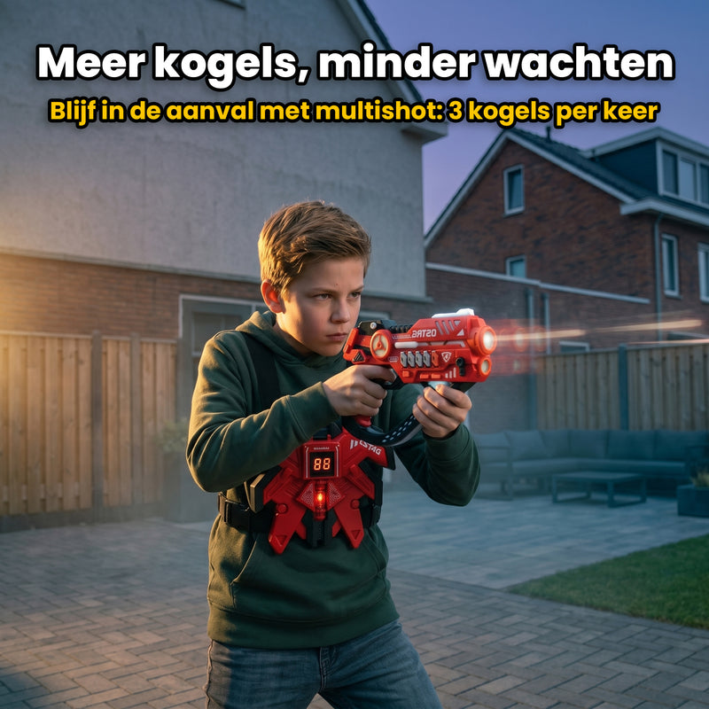 Multi-shot modus van Savorelle Pulse: 3 schoten per trekkerbeweging tijdens buitenlasergame