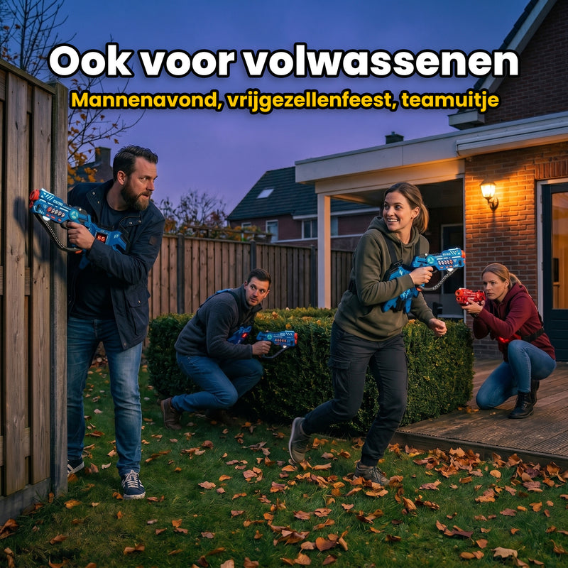 Volwassen groep speelt Savorelle Pulse Lasergame buiten – geschikt voor vrijgezellenfeest en teamuitje