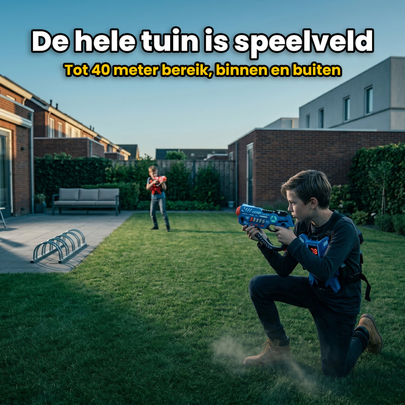 Kinderen rennen door achtertuin als speelveld tijdens Savorelle Pulse Lasergame buitenspel