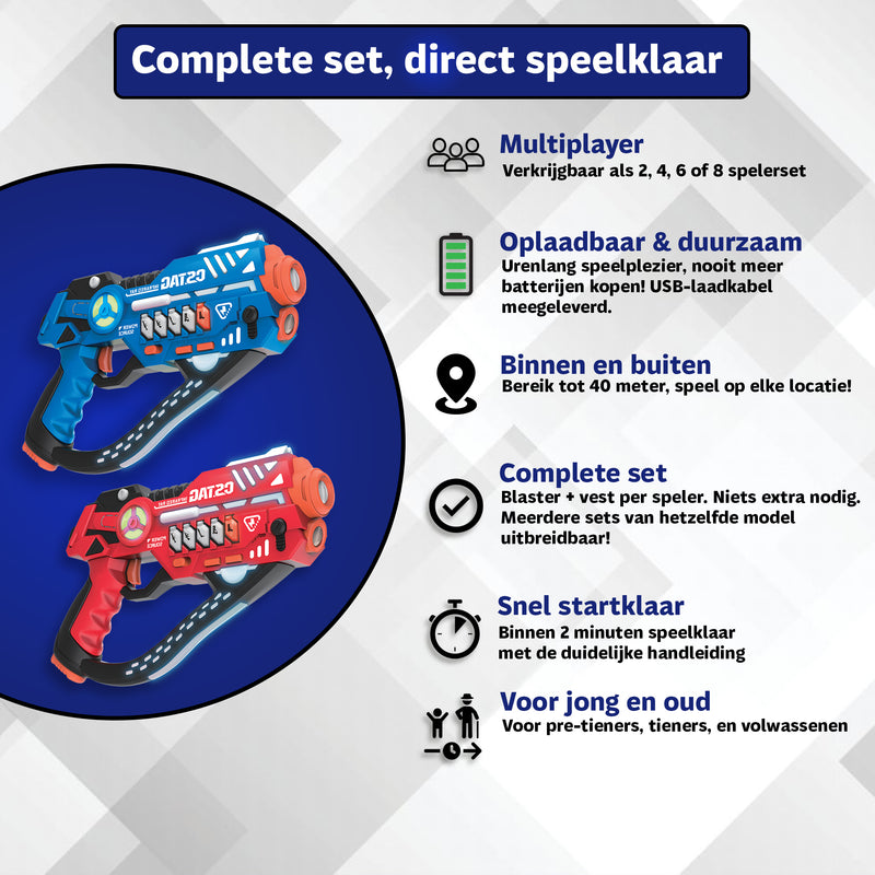 Savorelle Pulse Lasergame inhoud: 4 blasters, 4 trilvesten, USB-oplaadkabel en handleiding