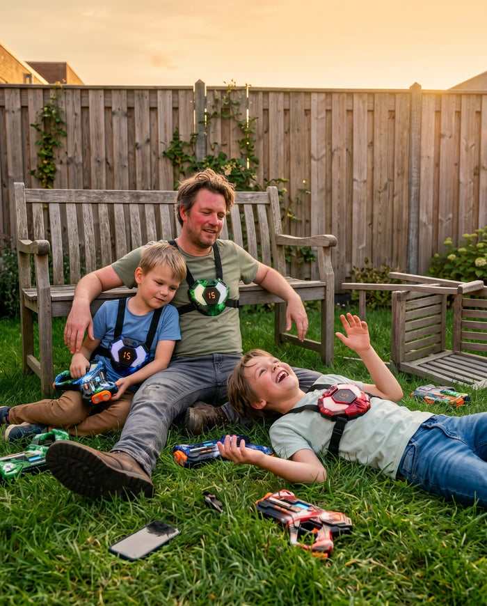Ouder en kinderen liggen na het spelen in het gras