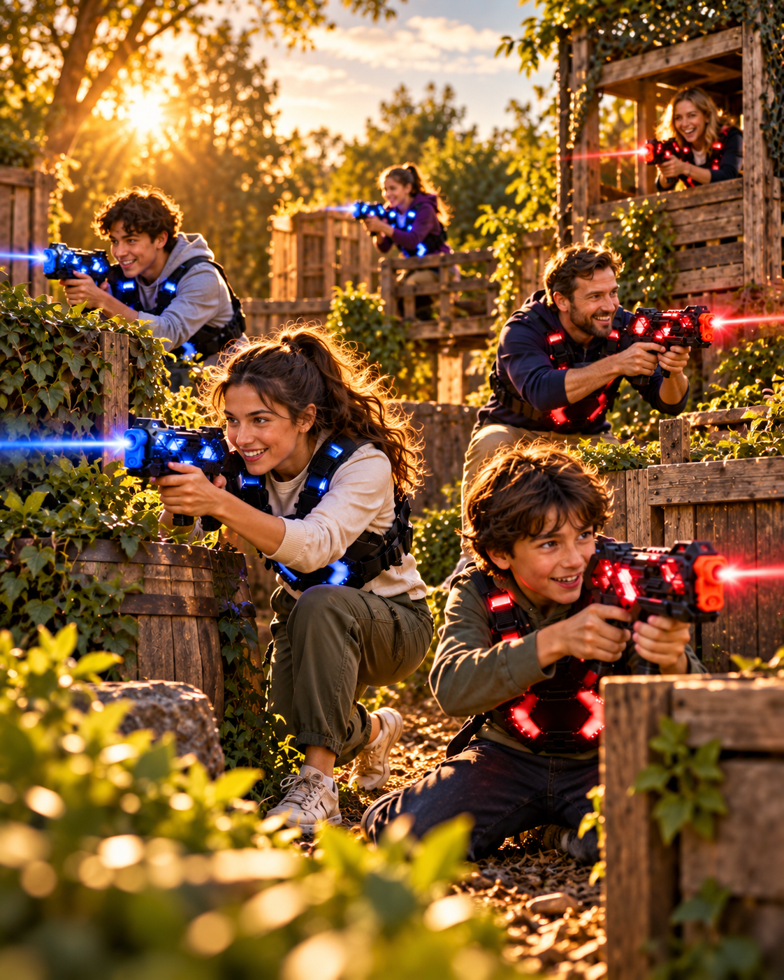Groep van zes spelers speelt buiten lasergame met Savorelle